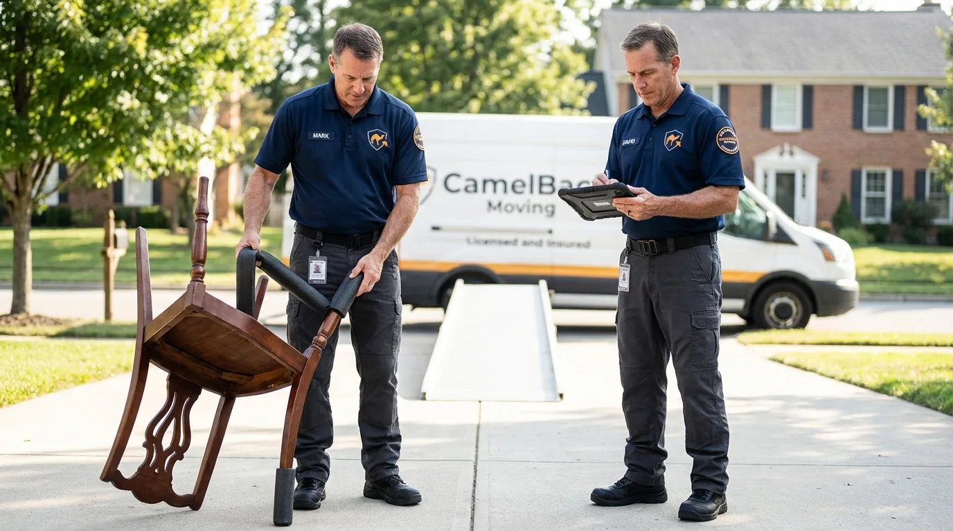 Movers inspecting furniture for damage prevention before loading in South Plainfield, NJ