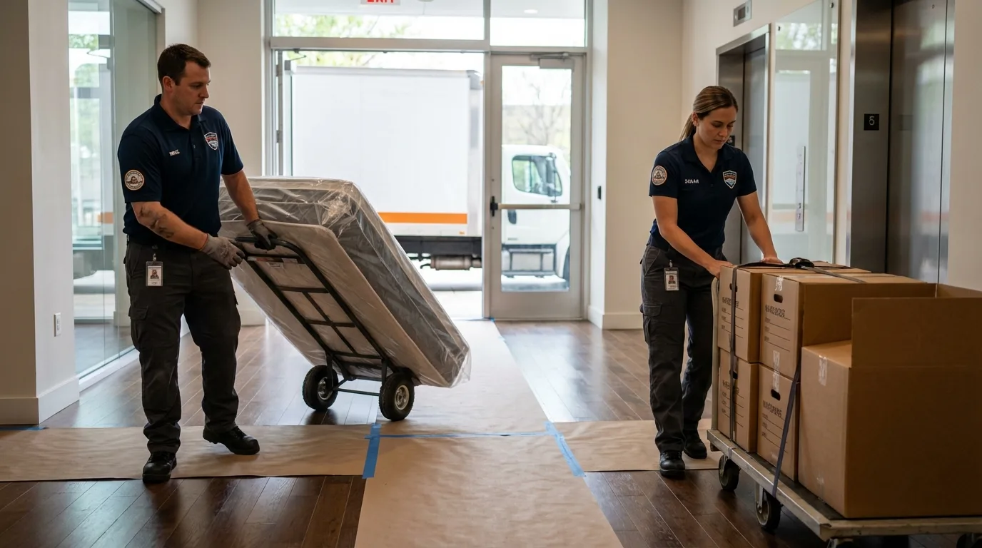 Professional apartment movers loading elevator in South Plainfield, NJ